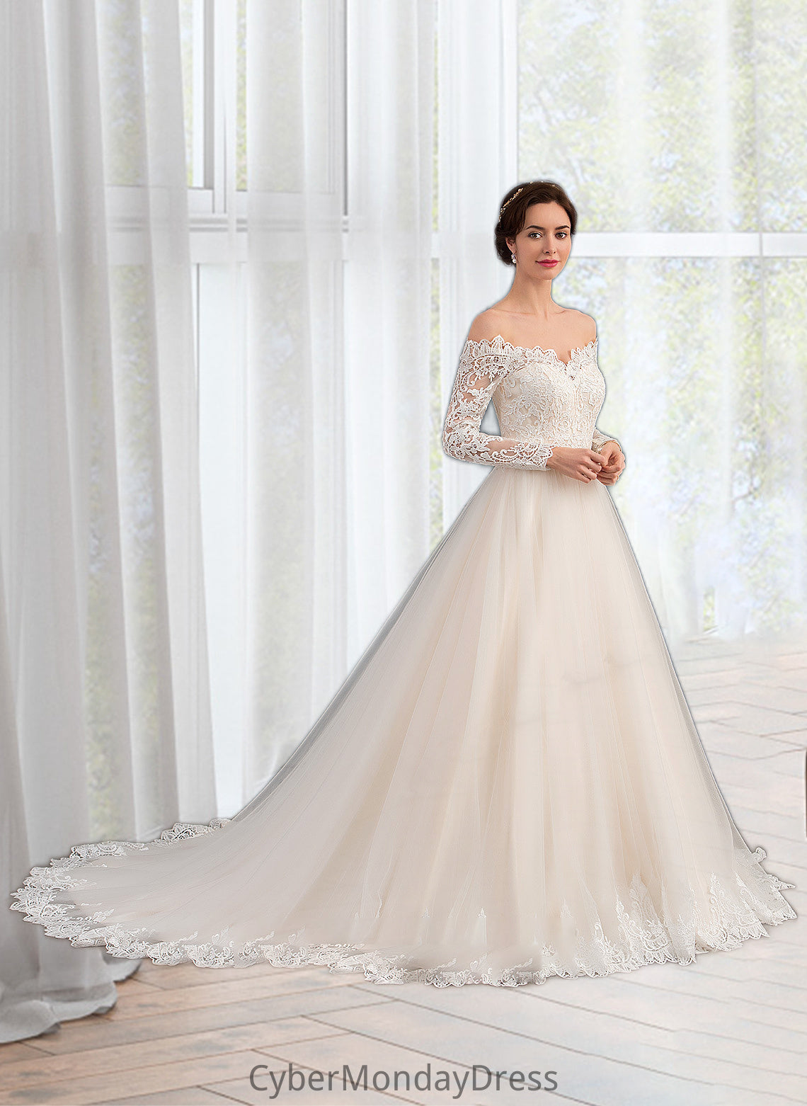 Jewel Ball-Gown/Princess Chapel Train Tulle Lace Wedding Dress DTP0013704