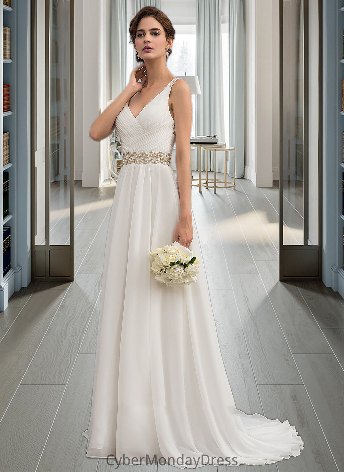 Lizeth A-Line V-neck Sweep Train Chiffon Wedding Dress With Ruffle Lace Beading Sequins DTP0013705