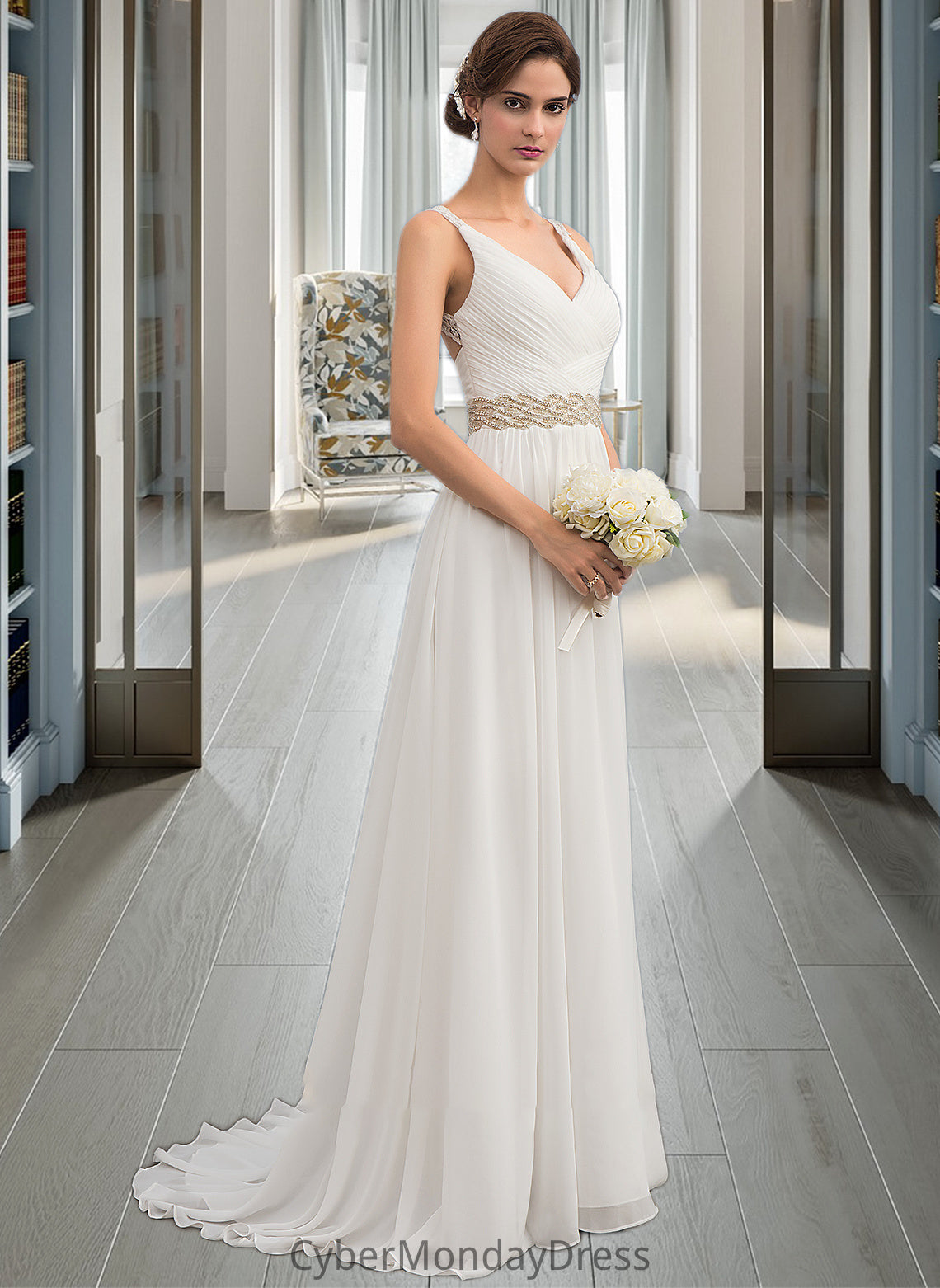 Lizeth A-Line V-neck Sweep Train Chiffon Wedding Dress With Ruffle Lace Beading Sequins DTP0013705