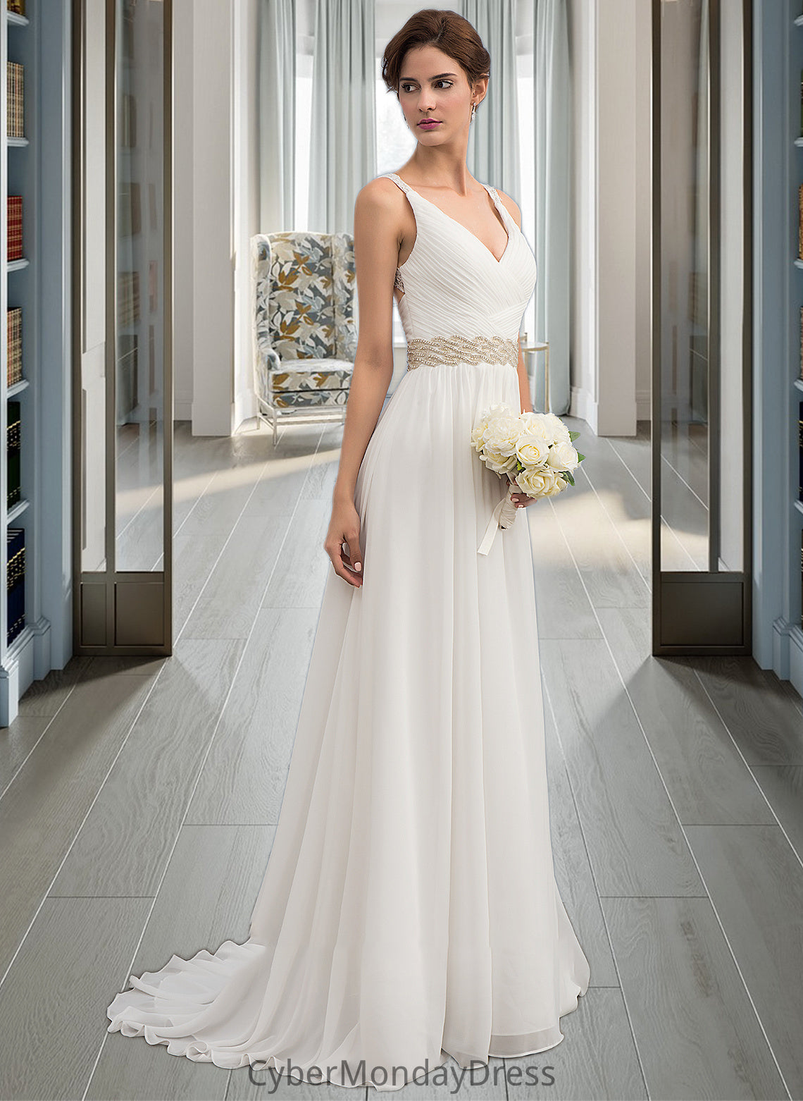 Lizeth A-Line V-neck Sweep Train Chiffon Wedding Dress With Ruffle Lace Beading Sequins DTP0013705