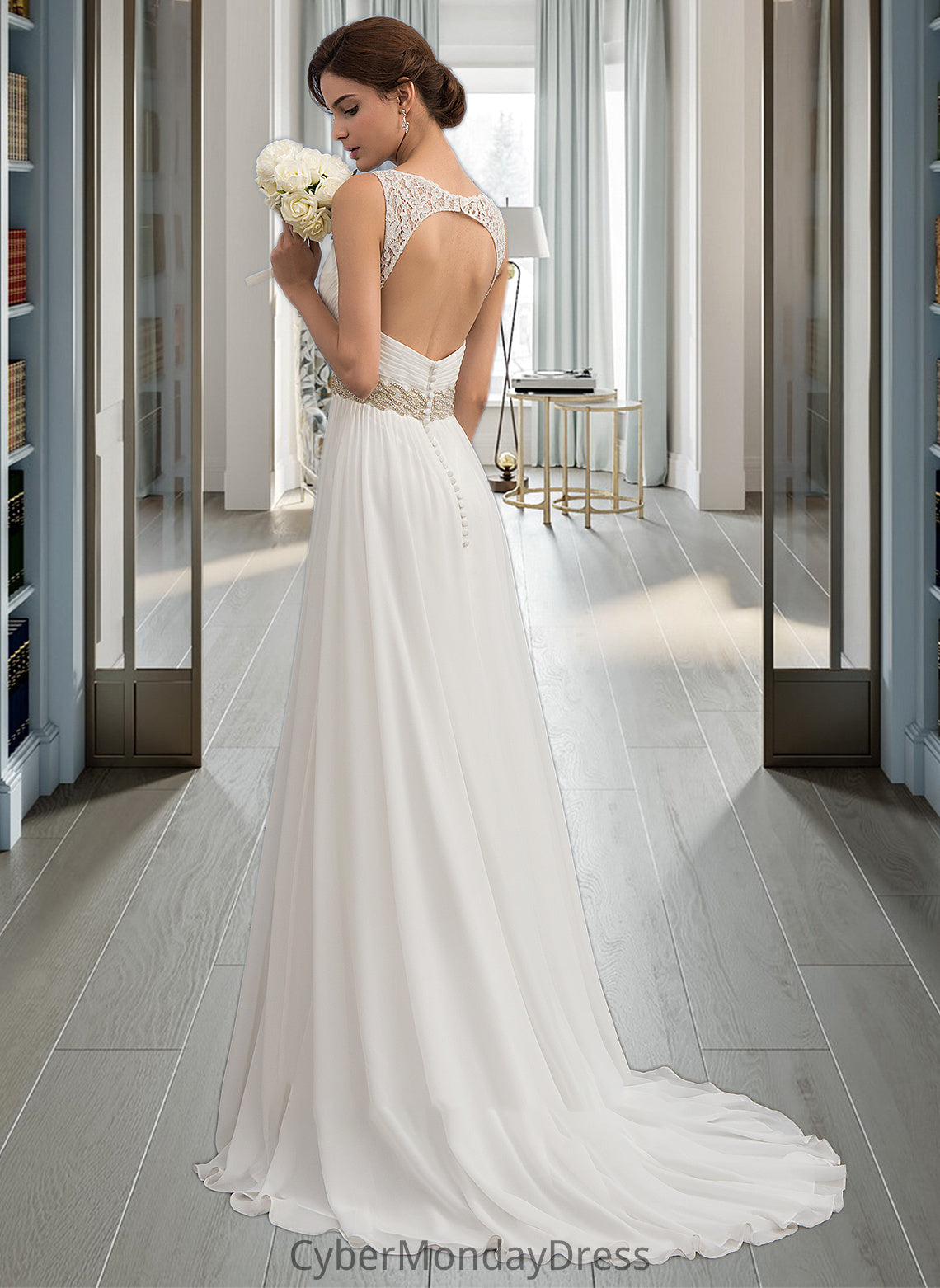 Lizeth A-Line V-neck Sweep Train Chiffon Wedding Dress With Ruffle Lace Beading Sequins DTP0013705