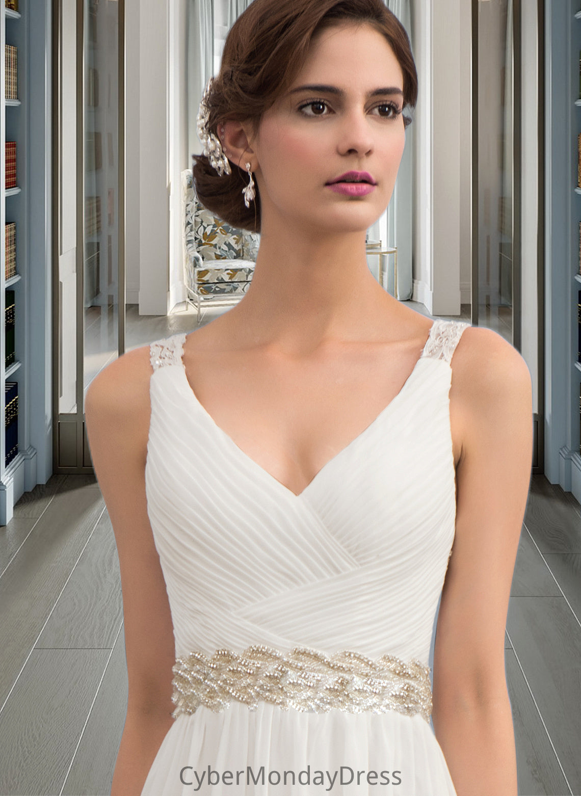 Lizeth A-Line V-neck Sweep Train Chiffon Wedding Dress With Ruffle Lace Beading Sequins DTP0013705