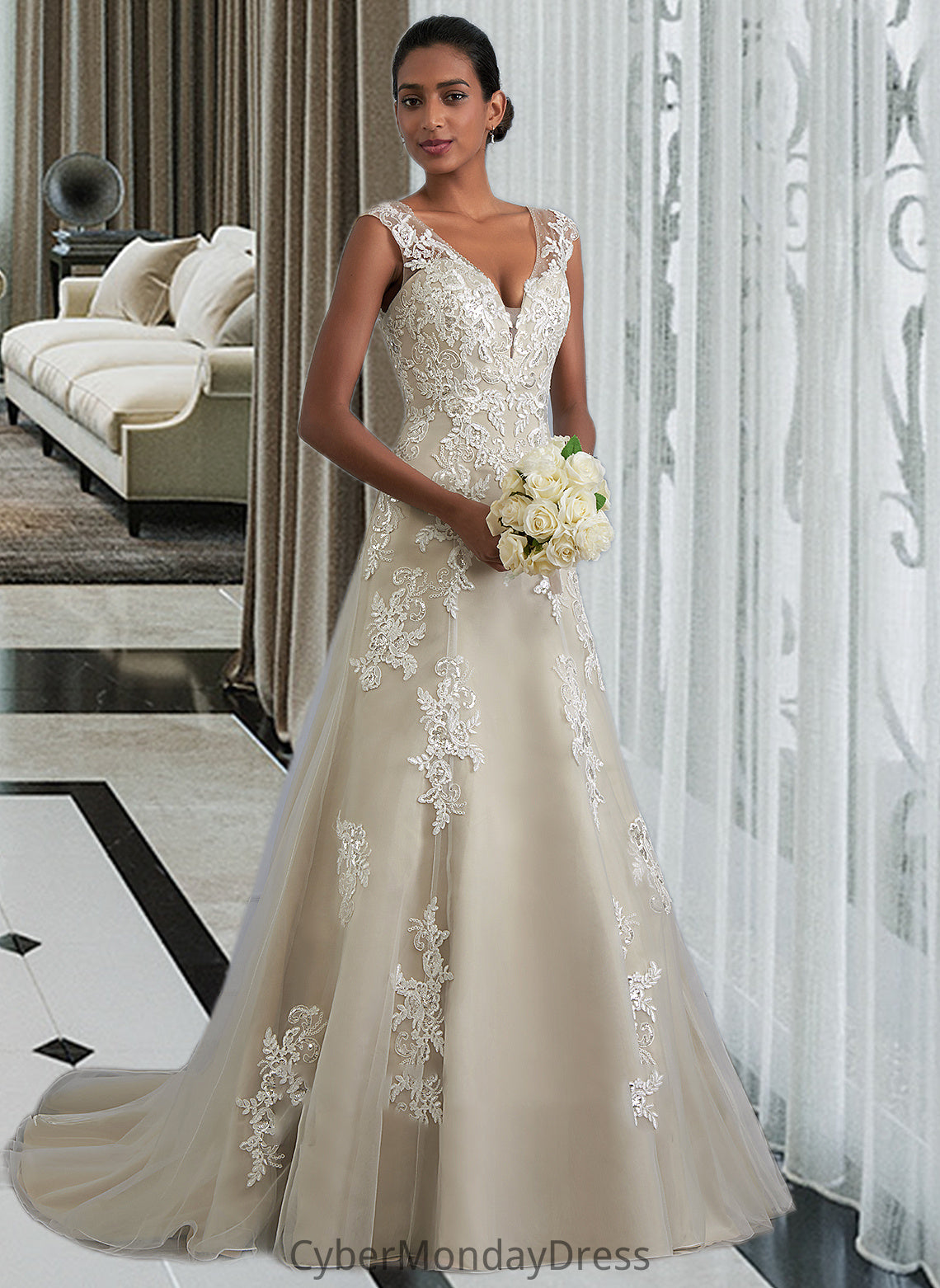 Caitlin A-Line V-neck Court Train Tulle Lace Wedding Dress With Beading Sequins DTP0013709