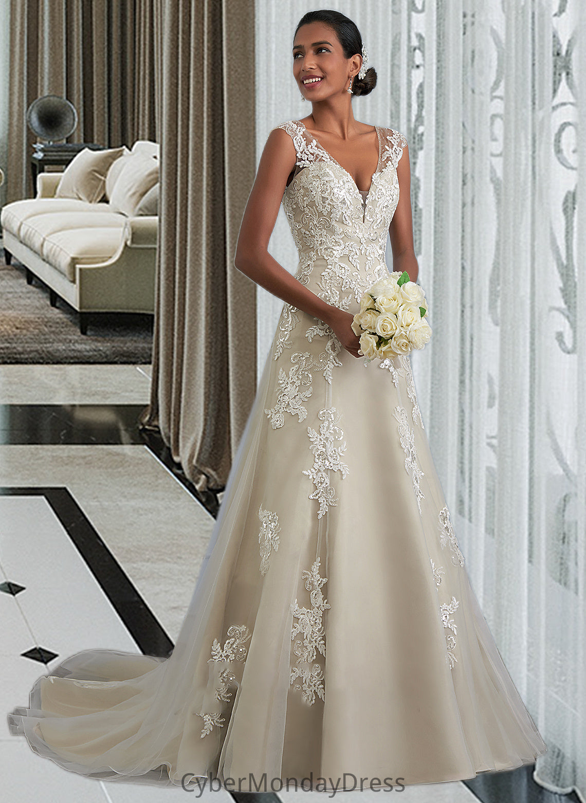 Caitlin A-Line V-neck Court Train Tulle Lace Wedding Dress With Beading Sequins DTP0013709