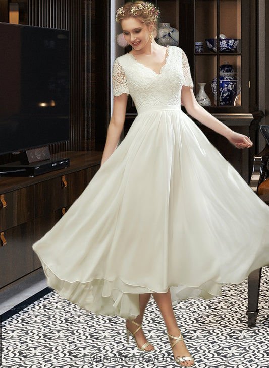 Nydia A-Line V-neck Asymmetrical Wedding Dress With Lace DTP0013712