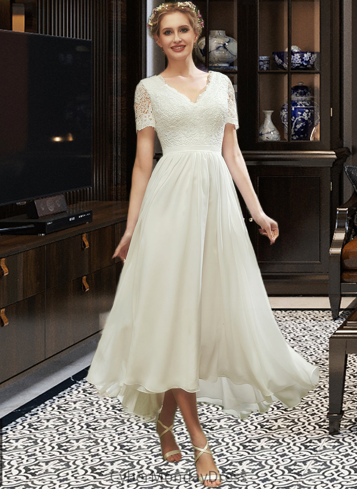 Nydia A-Line V-neck Asymmetrical Wedding Dress With Lace DTP0013712