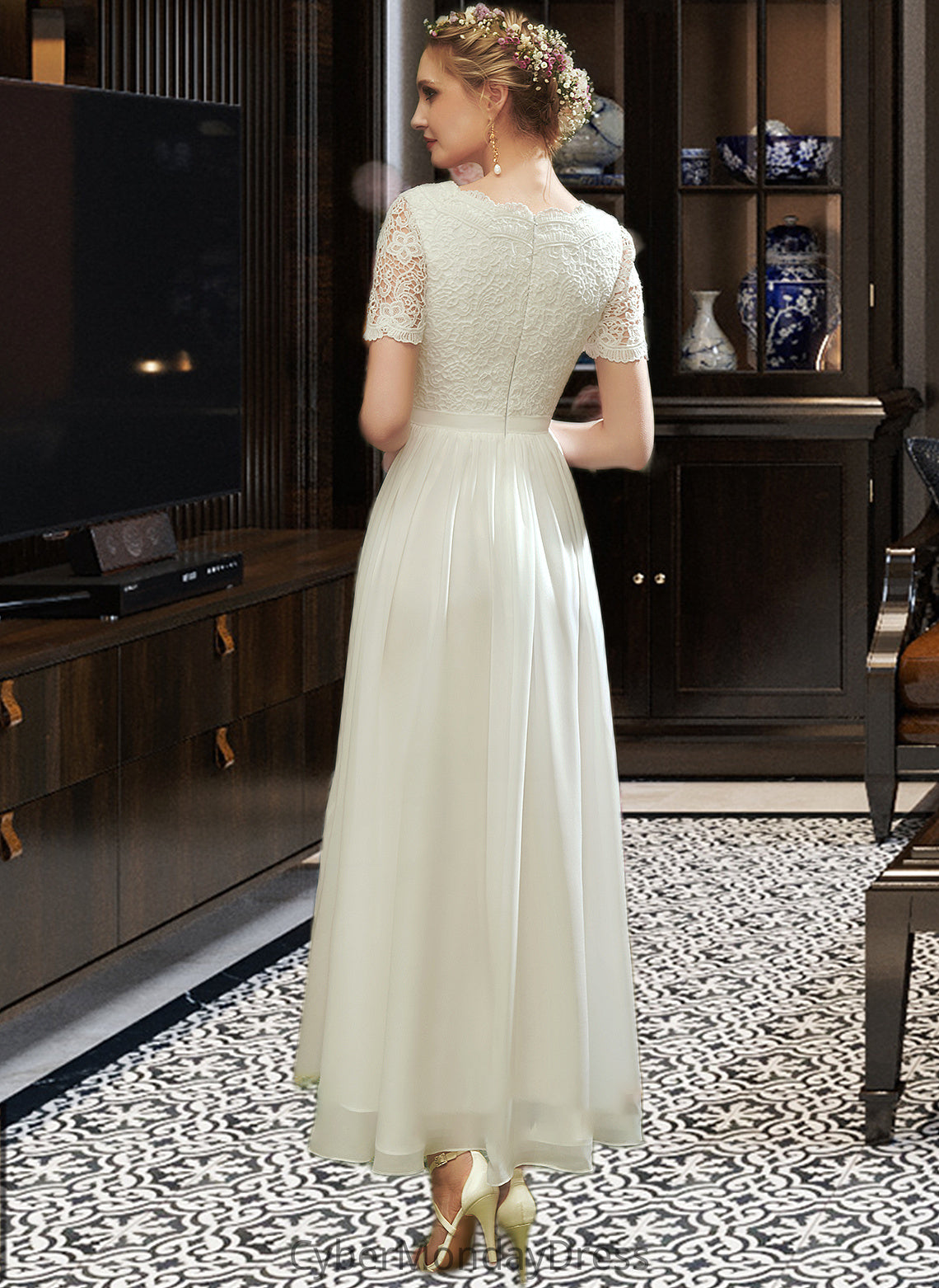 Nydia A-Line V-neck Asymmetrical Wedding Dress With Lace DTP0013712