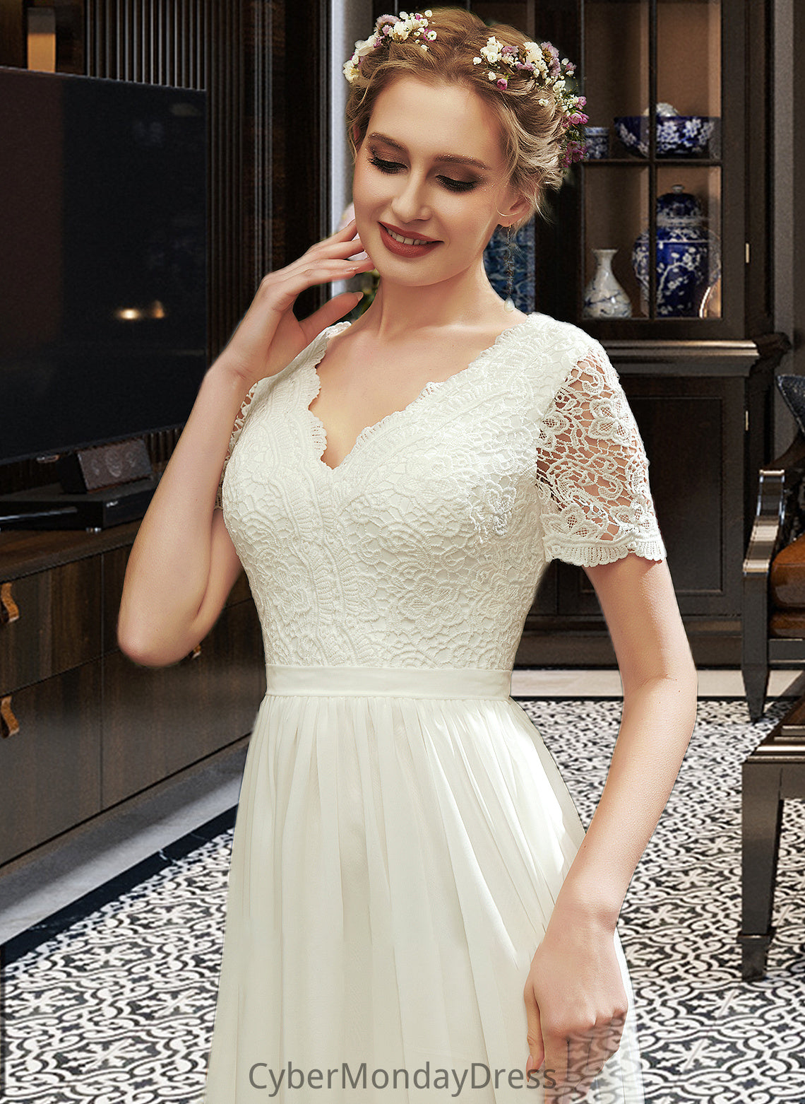 Nydia A-Line V-neck Asymmetrical Wedding Dress With Lace DTP0013712