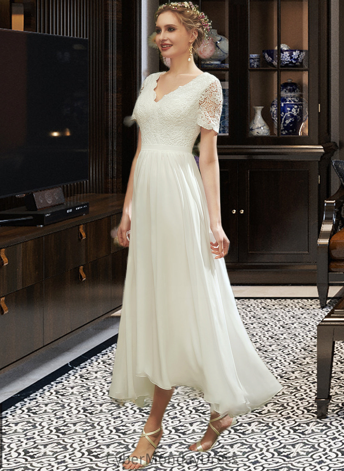 Nydia A-Line V-neck Asymmetrical Wedding Dress With Lace DTP0013712