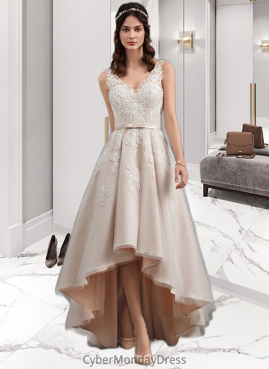 Fiona A-Line V-neck Asymmetrical Tulle Lace Wedding Dress With Bow(s) DTP0013717