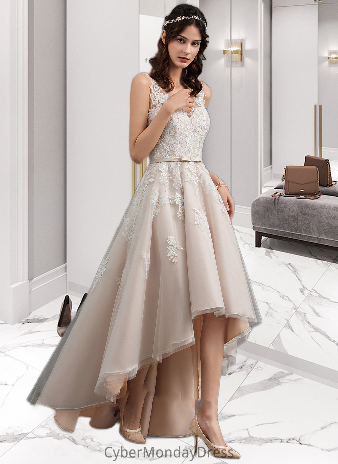 Fiona A-Line V-neck Asymmetrical Tulle Lace Wedding Dress With Bow(s) DTP0013717