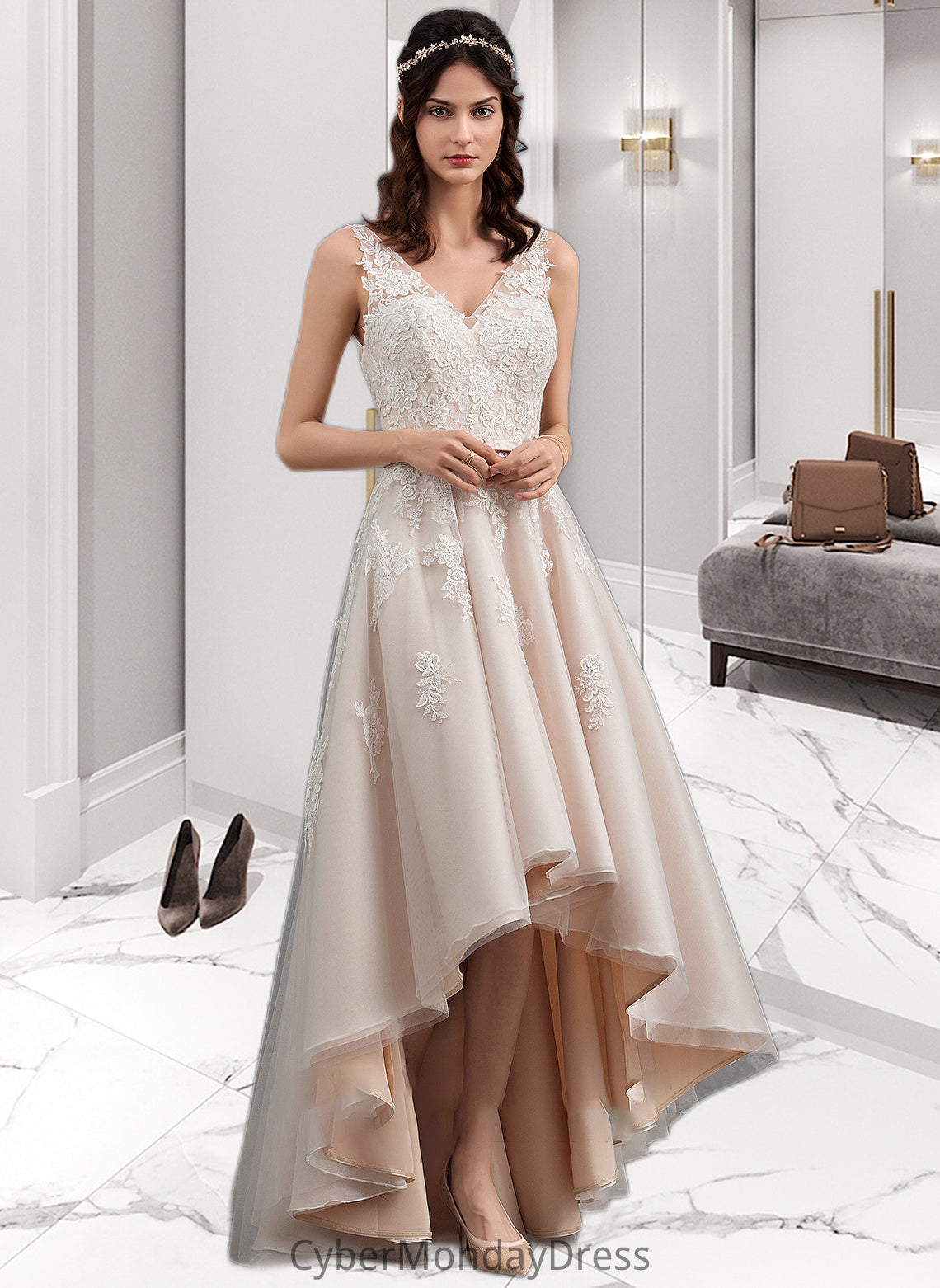 Fiona A-Line V-neck Asymmetrical Tulle Lace Wedding Dress With Bow(s) DTP0013717