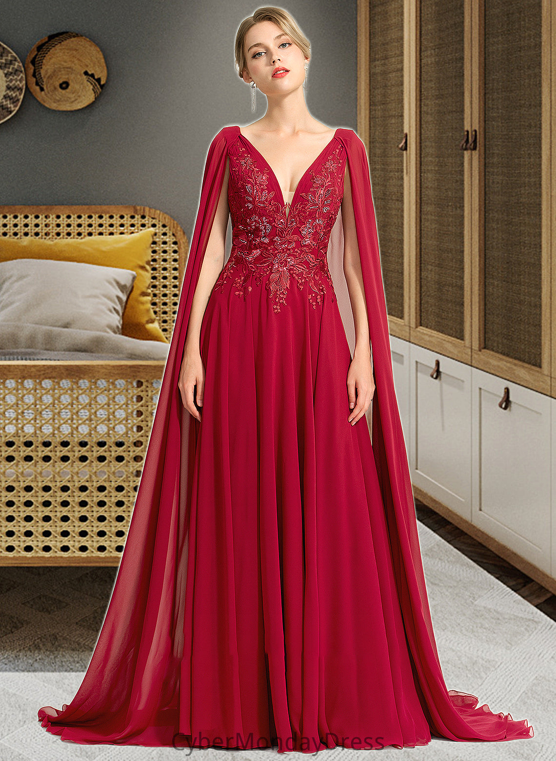 Sophronia A-Line V-neck Floor-Length Chiffon Wedding Dress With Sequins DTP0013718