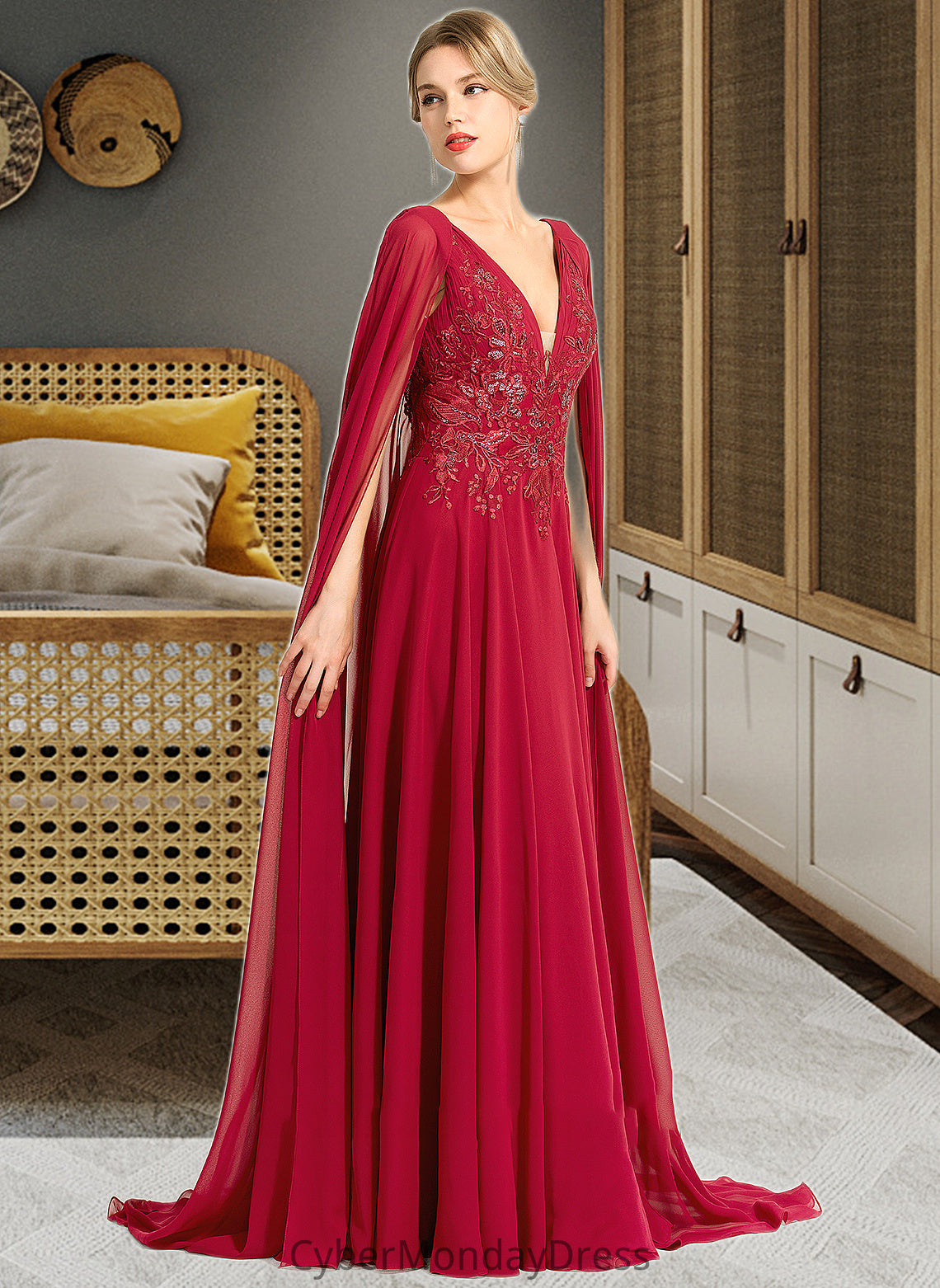 Sophronia A-Line V-neck Floor-Length Chiffon Wedding Dress With Sequins DTP0013718