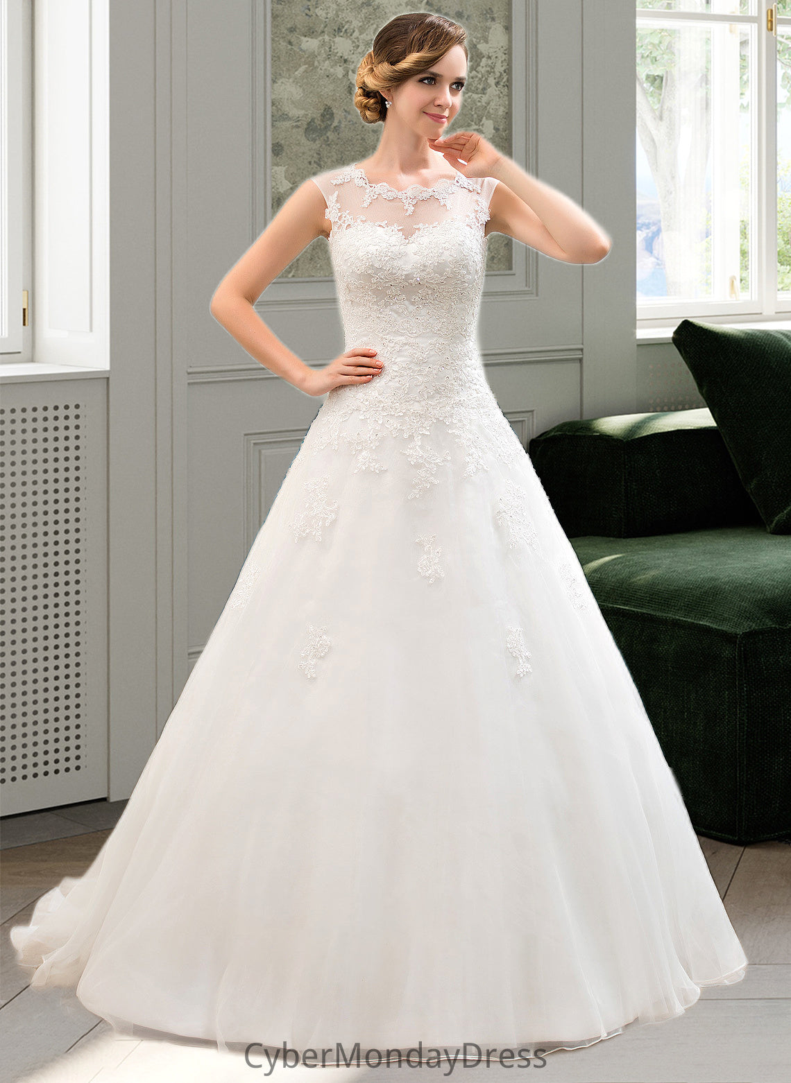 Allison Ball-Gown/Princess Illusion Sweep Train Organza Tulle Wedding Dress With Beading Sequins DTP0013719