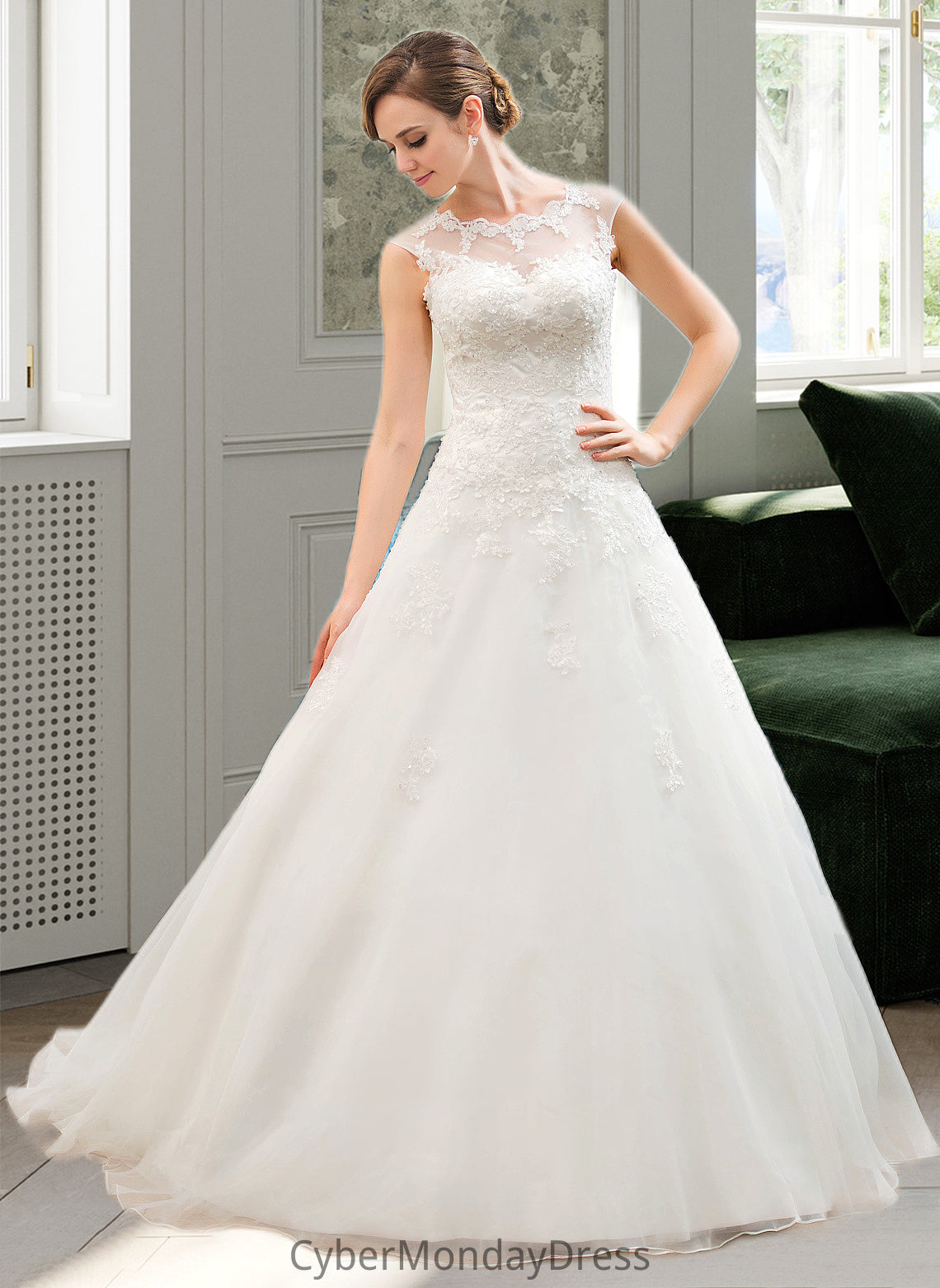 Allison Ball-Gown/Princess Illusion Sweep Train Organza Tulle Wedding Dress With Beading Sequins DTP0013719