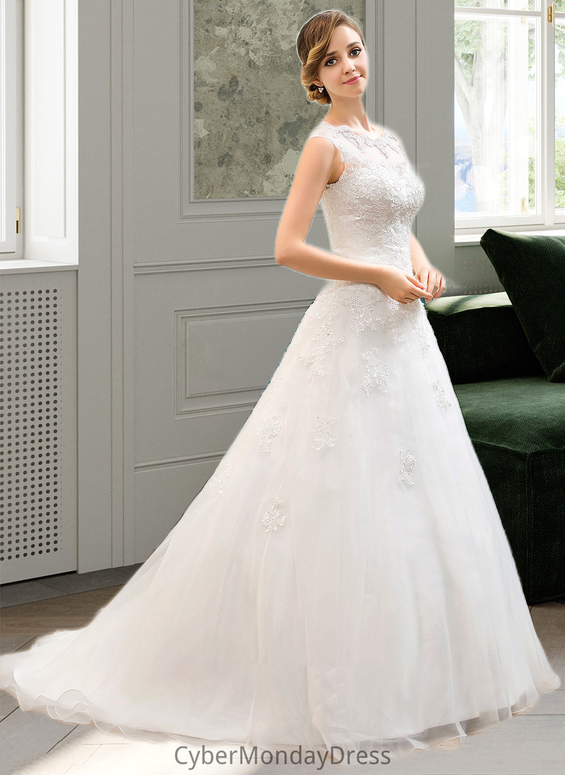 Allison Ball-Gown/Princess Illusion Sweep Train Organza Tulle Wedding Dress With Beading Sequins DTP0013719