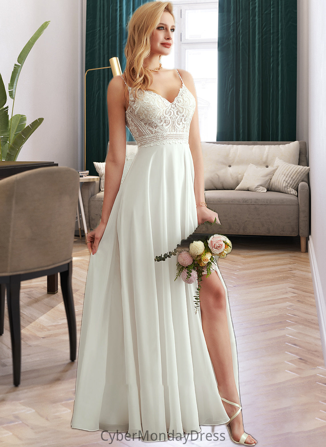 Everleigh A-Line V-neck Floor-Length Wedding Dress With Split Front DTP0013721