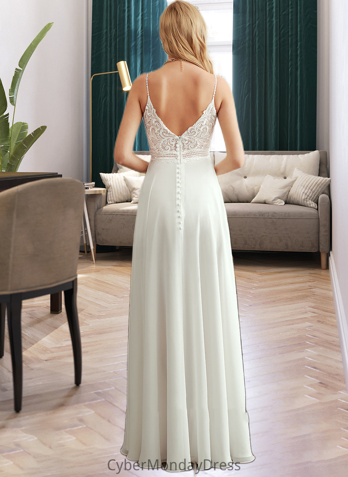 Everleigh A-Line V-neck Floor-Length Wedding Dress With Split Front DTP0013721