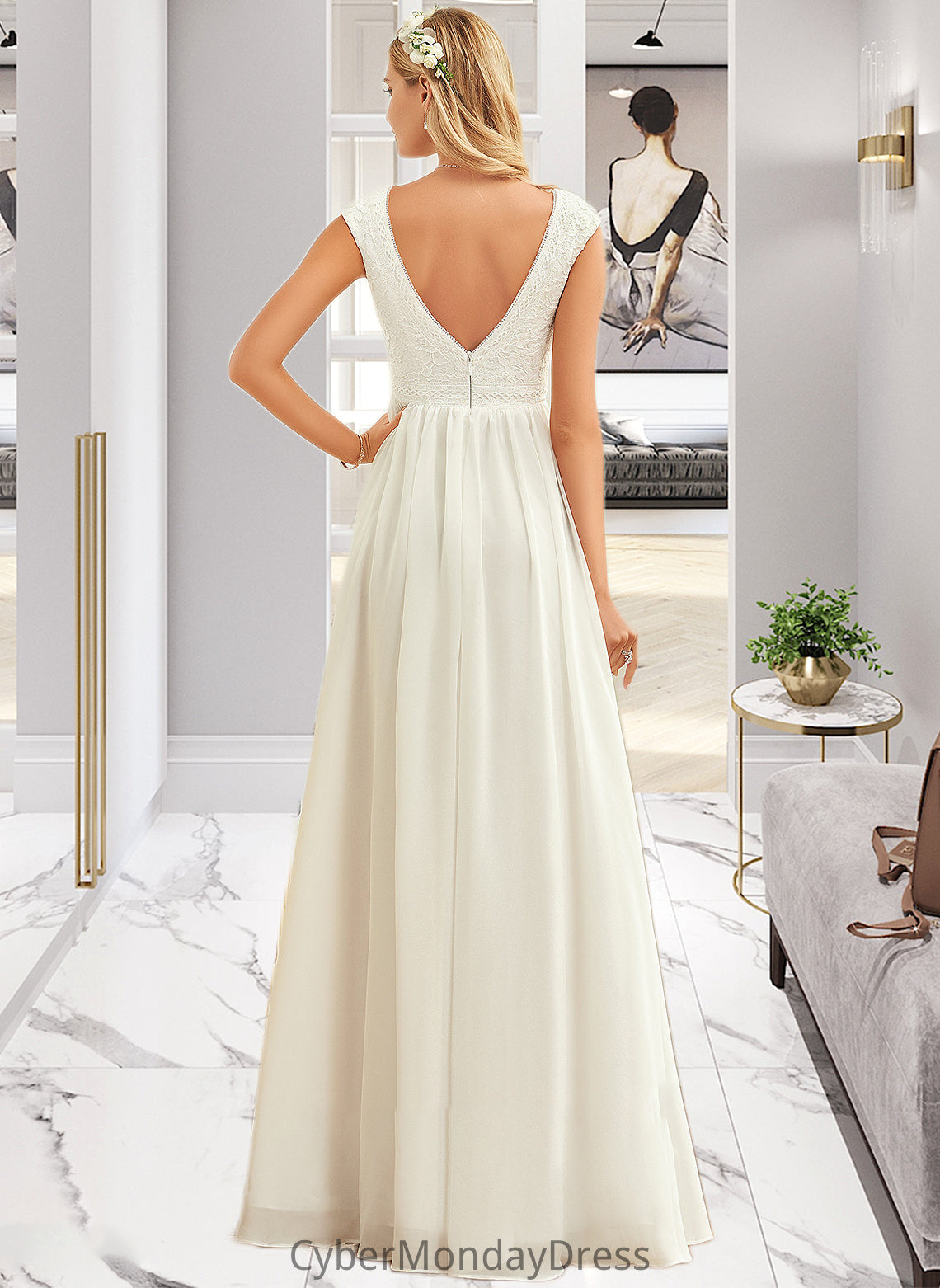 Miah A-Line V-neck Floor-Length Chiffon Lace Wedding Dress DTP0013722