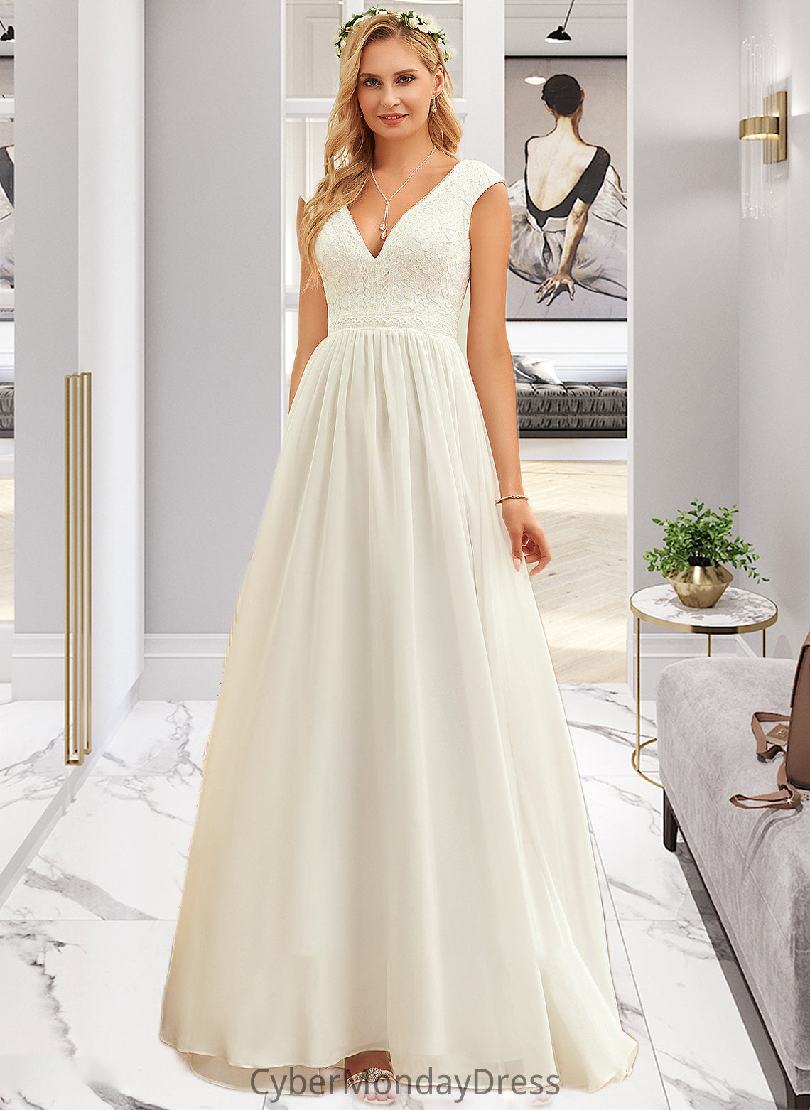 Miah A-Line V-neck Floor-Length Chiffon Lace Wedding Dress DTP0013722