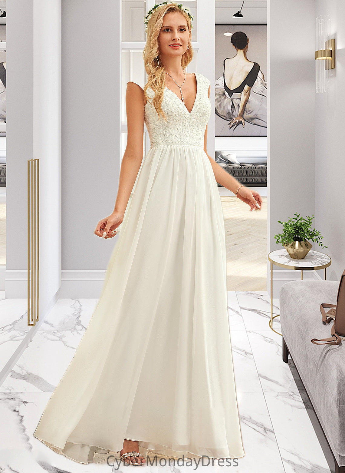 Miah A-Line V-neck Floor-Length Chiffon Lace Wedding Dress DTP0013722