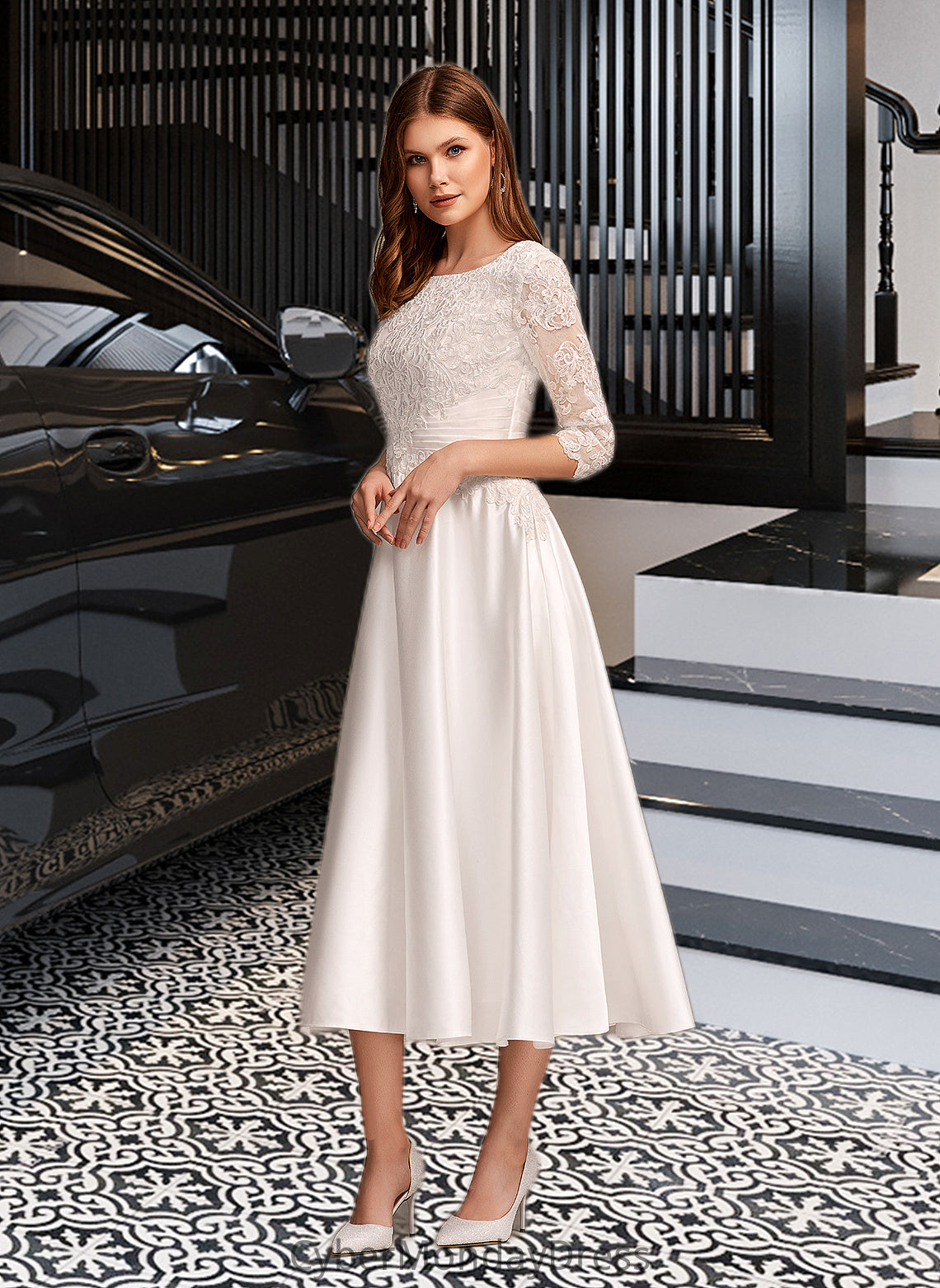 Braelyn A-Line Scoop Neck Tea-Length Wedding Dress With Pockets DTP0013723