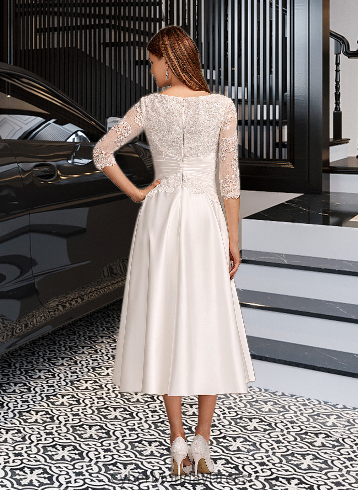 Braelyn A-Line Scoop Neck Tea-Length Wedding Dress With Pockets DTP0013723