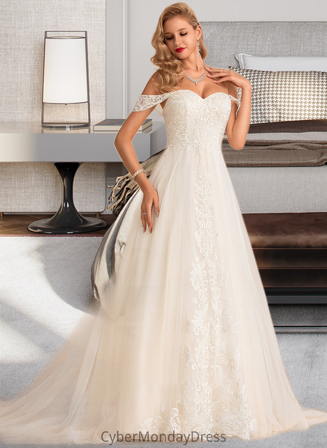 Ximena Ball-Gown/Princess Chapel Train Tulle Lace Wedding Dress With Sequins DTP0013726