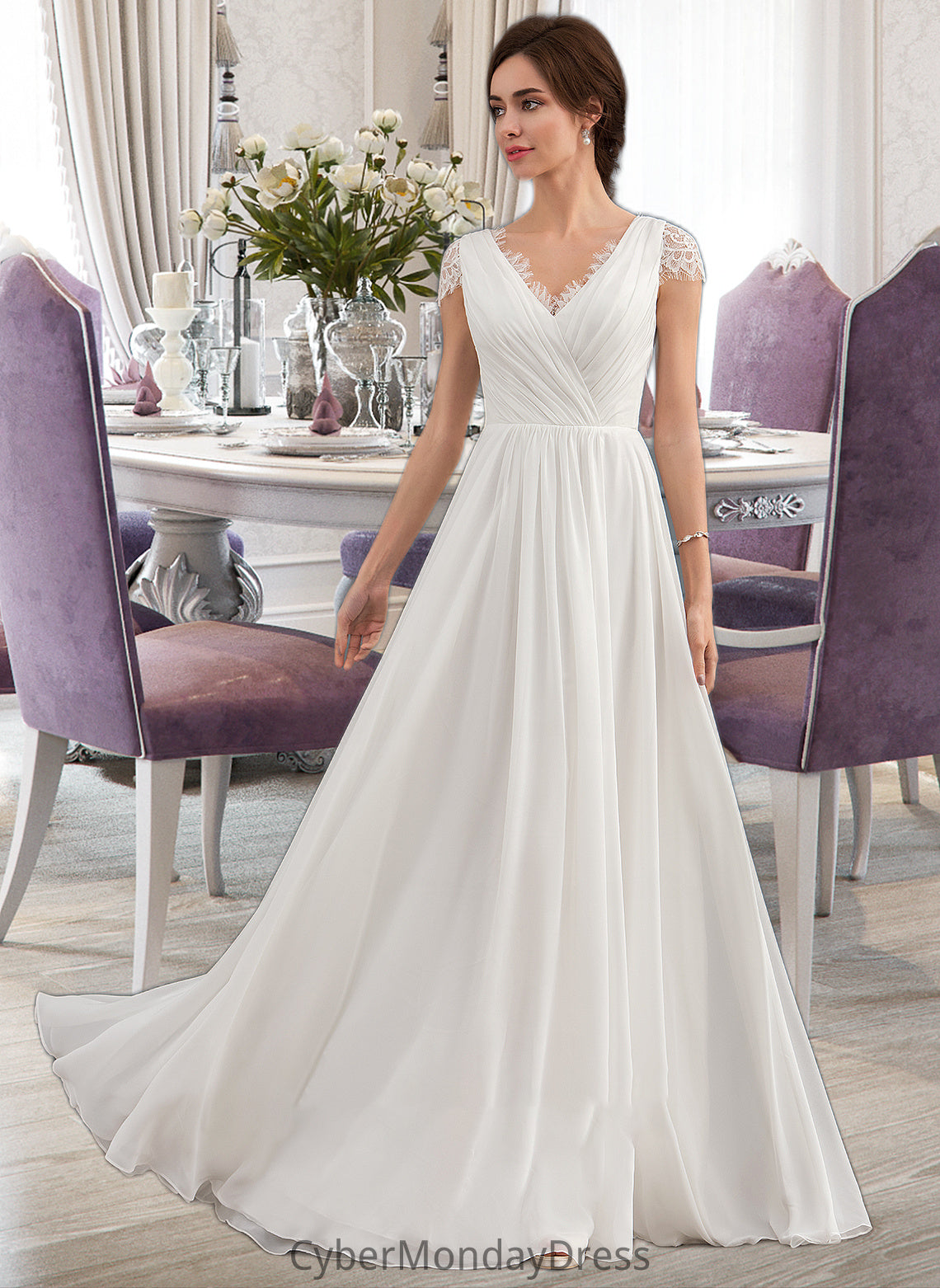 Ginny A-Line V-neck Floor-Length Chiffon Lace Wedding Dress With Ruffle DTP0013729