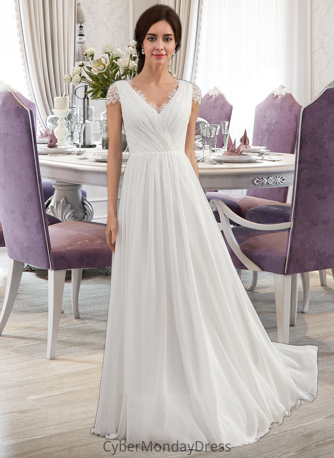 Ginny A-Line V-neck Floor-Length Chiffon Lace Wedding Dress With Ruffle DTP0013729