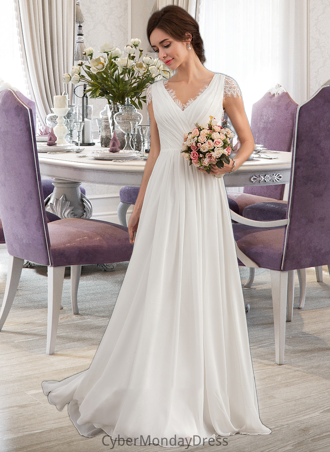 Ginny A-Line V-neck Floor-Length Chiffon Lace Wedding Dress With Ruffle DTP0013729