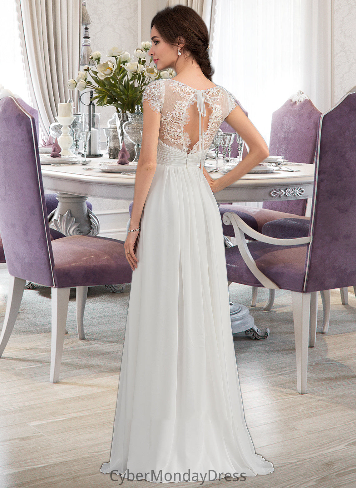 Ginny A-Line V-neck Floor-Length Chiffon Lace Wedding Dress With Ruffle DTP0013729