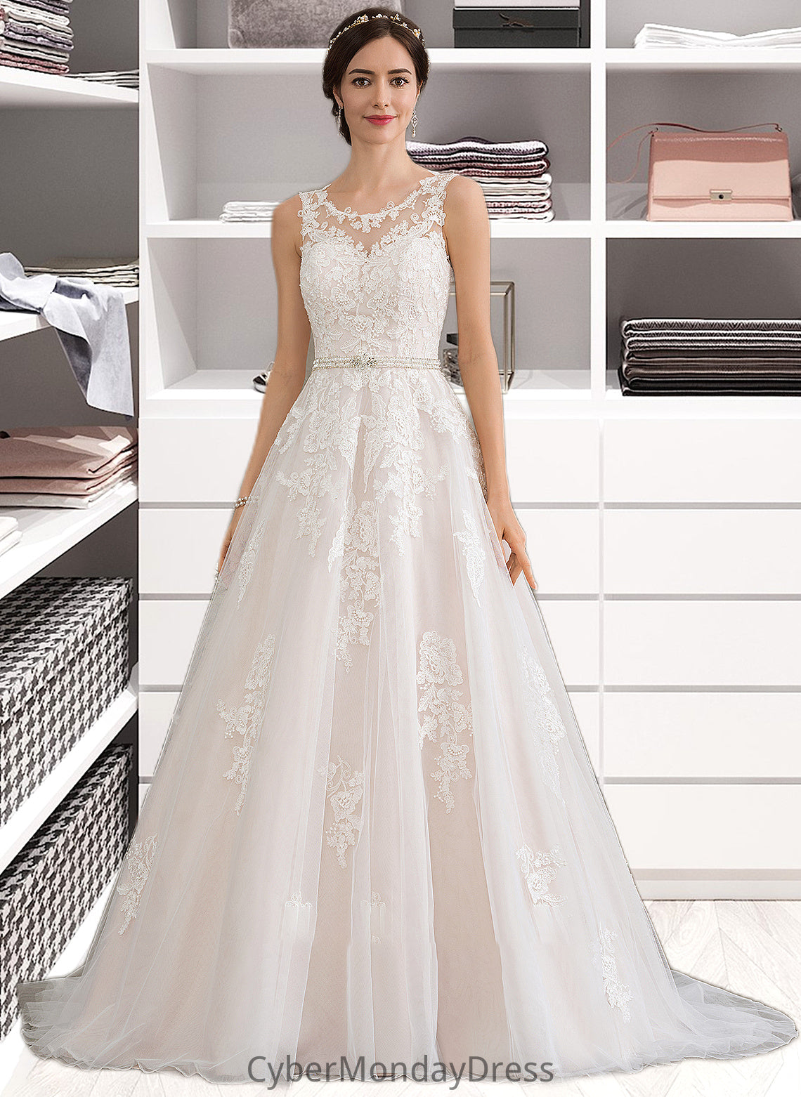 Marlene Ball-Gown/Princess Scoop Neck Court Train Tulle Wedding Dress With Beading Sequins DTP0013730