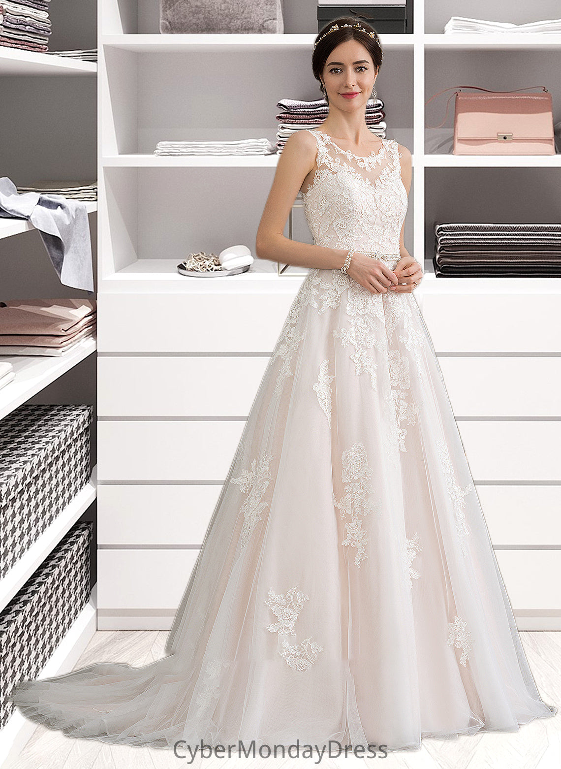 Marlene Ball-Gown/Princess Scoop Neck Court Train Tulle Wedding Dress With Beading Sequins DTP0013730