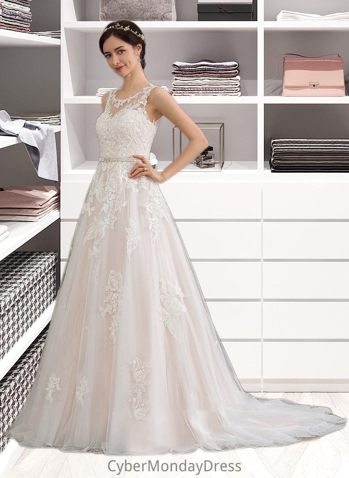 Marlene Ball-Gown/Princess Scoop Neck Court Train Tulle Wedding Dress With Beading Sequins DTP0013730