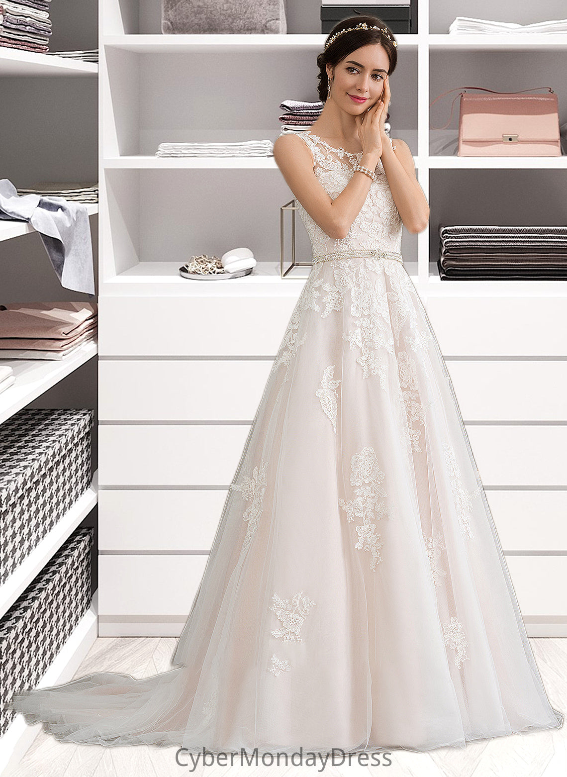 Marlene Ball-Gown/Princess Scoop Neck Court Train Tulle Wedding Dress With Beading Sequins DTP0013730