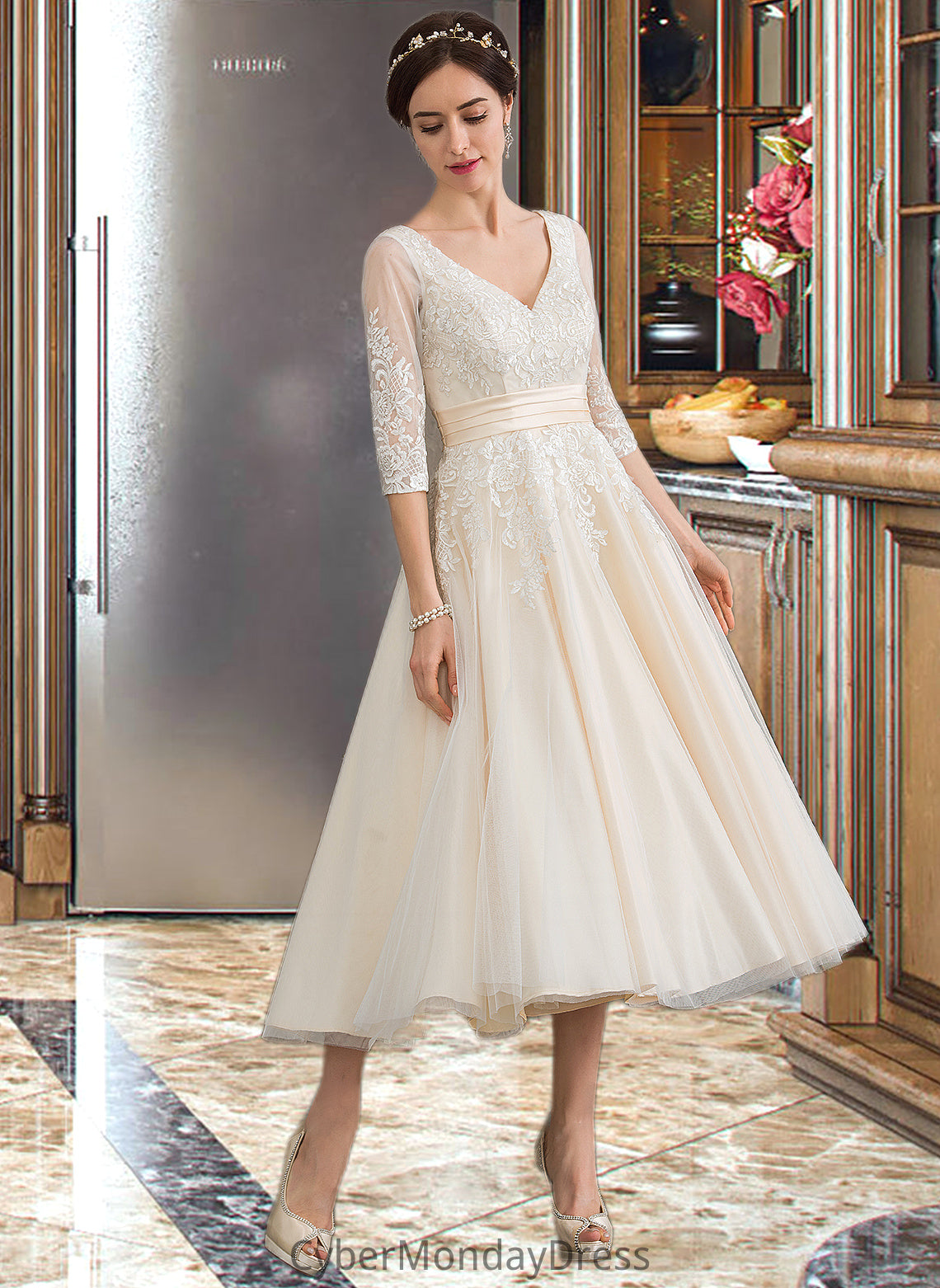 Dylan Ball-Gown/Princess V-neck Tea-Length Tulle Wedding Dress DTP0013731