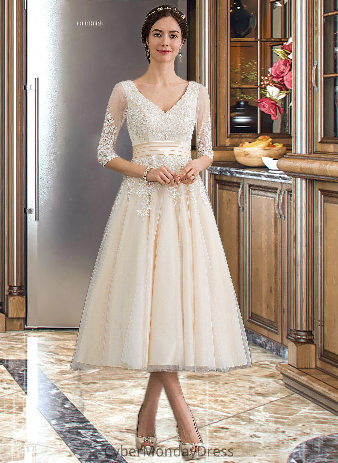 Dylan Ball-Gown/Princess V-neck Tea-Length Tulle Wedding Dress DTP0013731