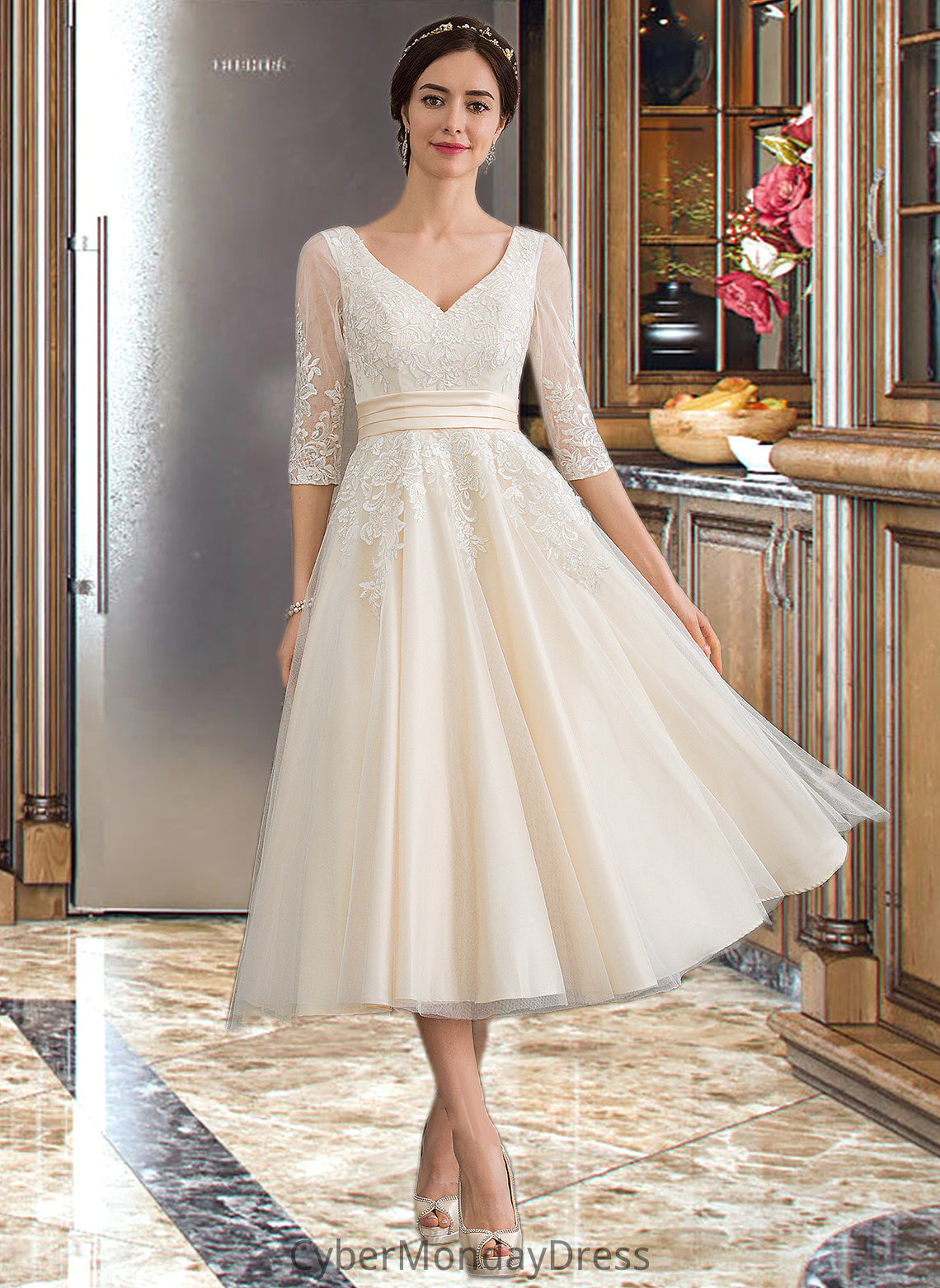 Dylan Ball-Gown/Princess V-neck Tea-Length Tulle Wedding Dress DTP0013731