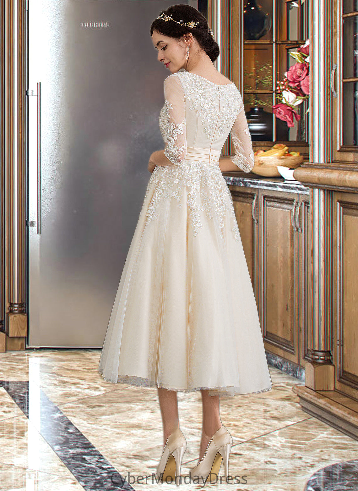 Dylan Ball-Gown/Princess V-neck Tea-Length Tulle Wedding Dress DTP0013731