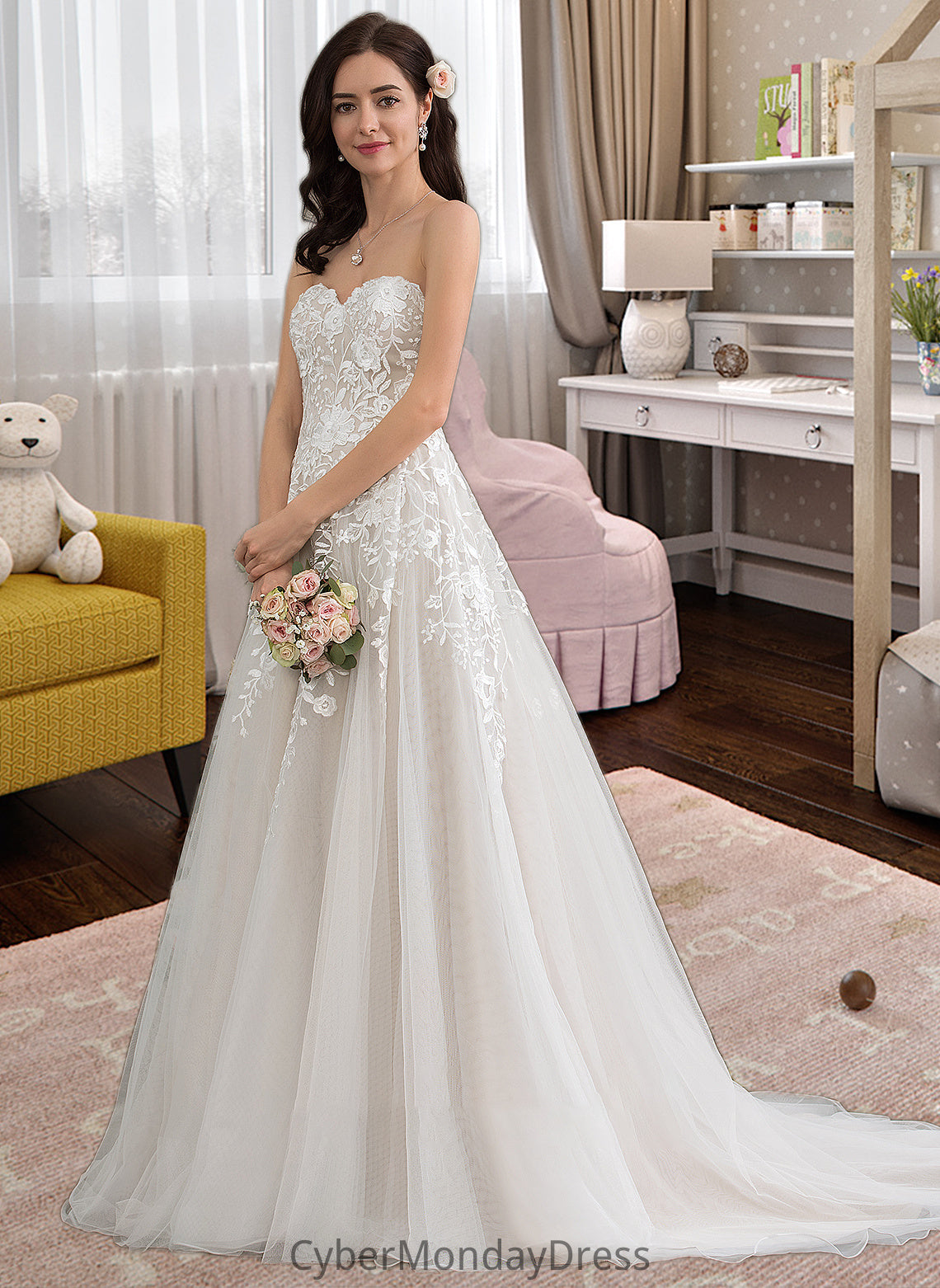 Makenna Ball-Gown/Princess Sweetheart Court Train Tulle Wedding Dress DTP0013732