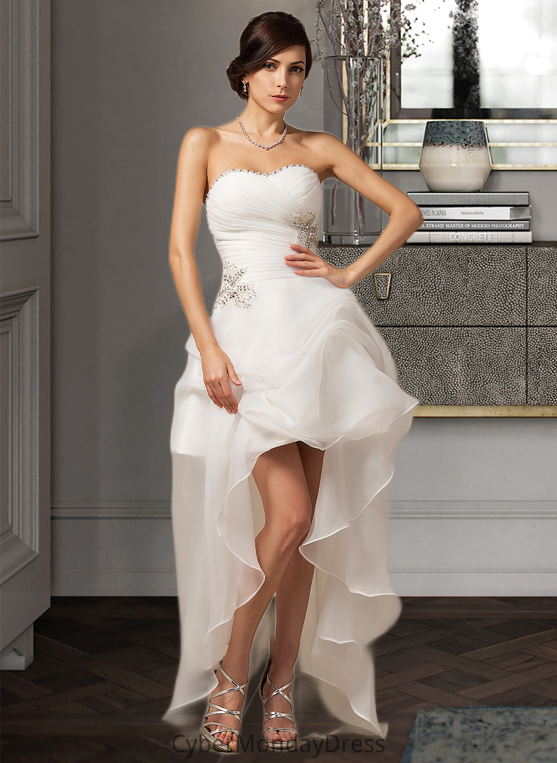 Kendal A-Line Sweetheart Asymmetrical Organza Wedding Dress With Ruffle Beading Sequins DTP0013733