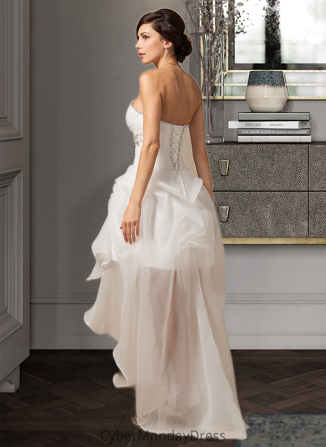 Kendal A-Line Sweetheart Asymmetrical Organza Wedding Dress With Ruffle Beading Sequins DTP0013733