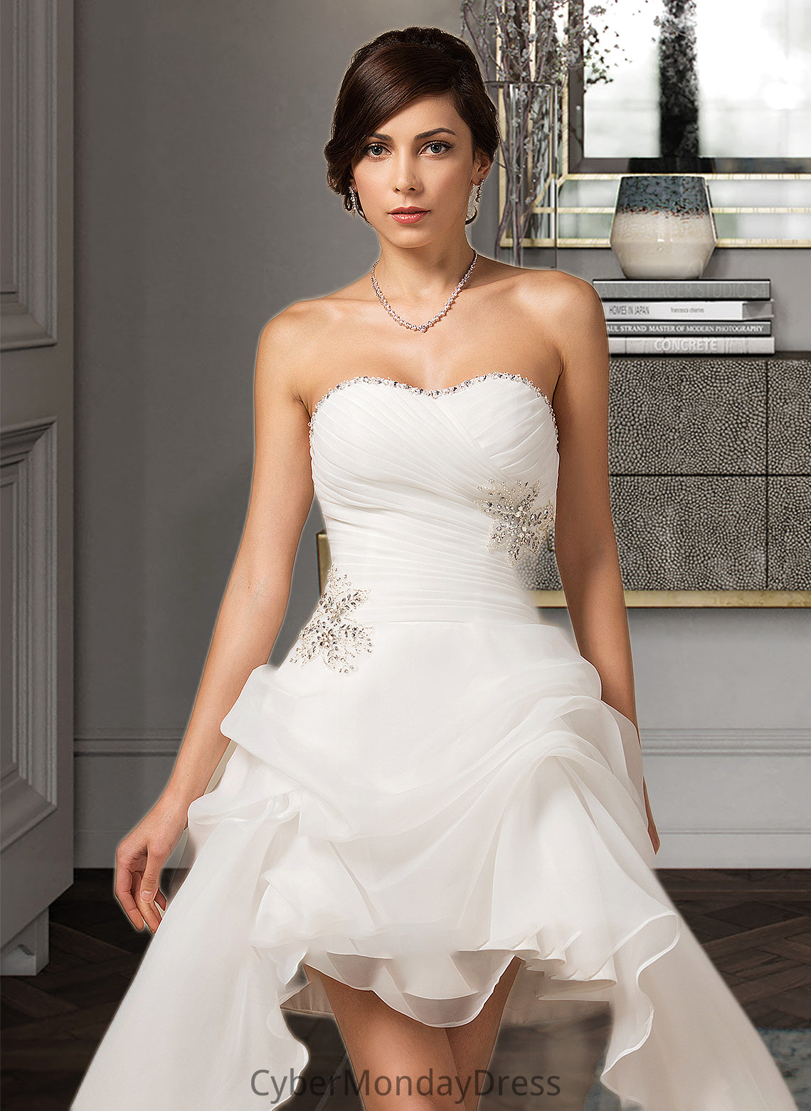 Kendal A-Line Sweetheart Asymmetrical Organza Wedding Dress With Ruffle Beading Sequins DTP0013733