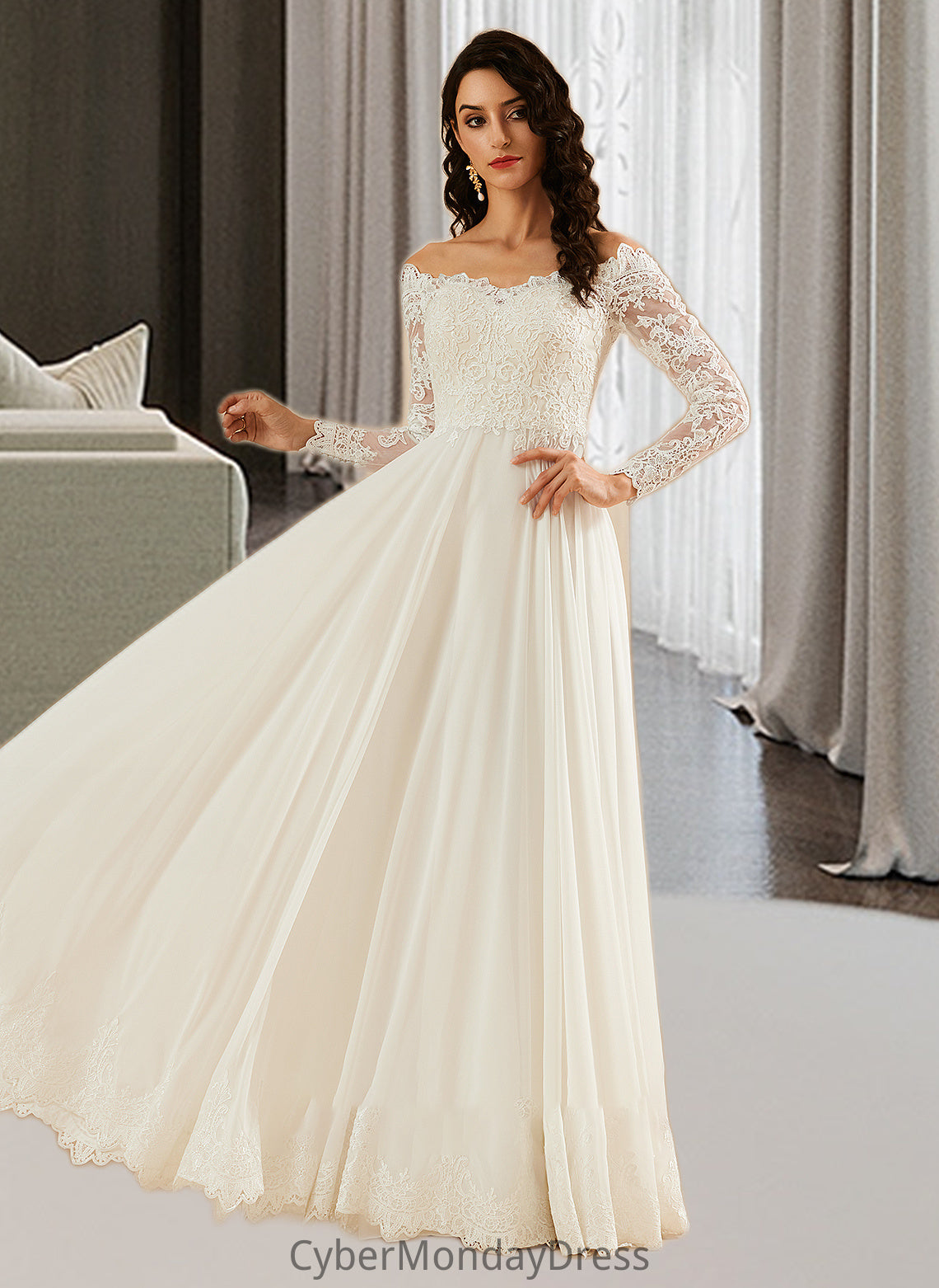 Delaney A-Line Off-the-Shoulder Sweep Train Wedding Dress With Lace DTP0013734