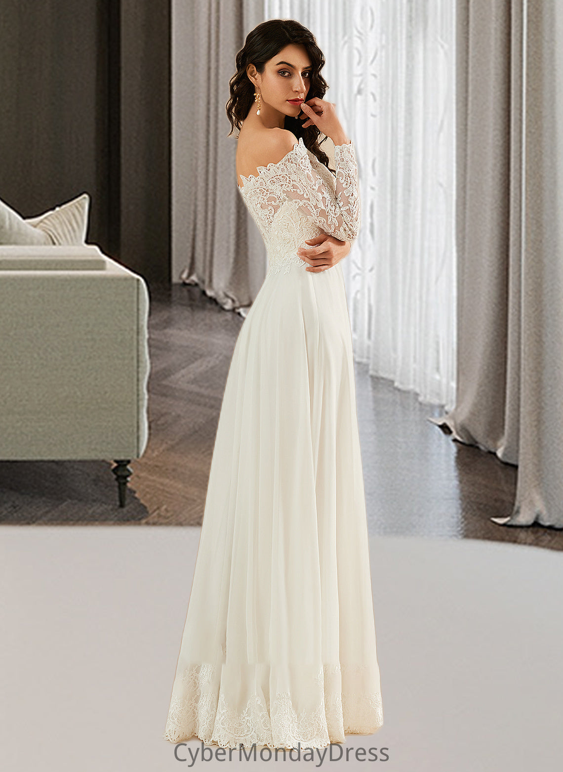 Delaney A-Line Off-the-Shoulder Sweep Train Wedding Dress With Lace DTP0013734