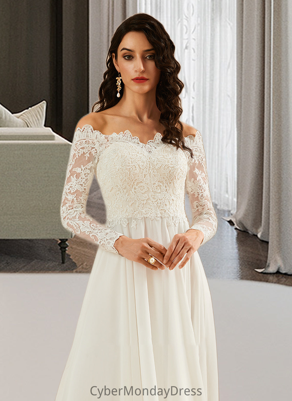 Delaney A-Line Off-the-Shoulder Sweep Train Wedding Dress With Lace DTP0013734