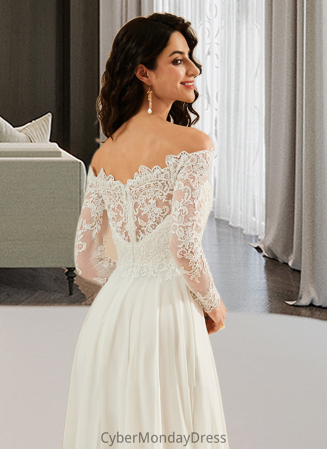 Delaney A-Line Off-the-Shoulder Sweep Train Wedding Dress With Lace DTP0013734