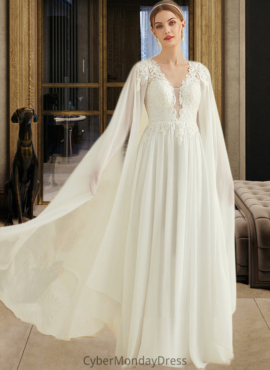 Livia A-Line V-neck Floor-Length Chiffon Lace Wedding Dress With Sequins DTP0013736